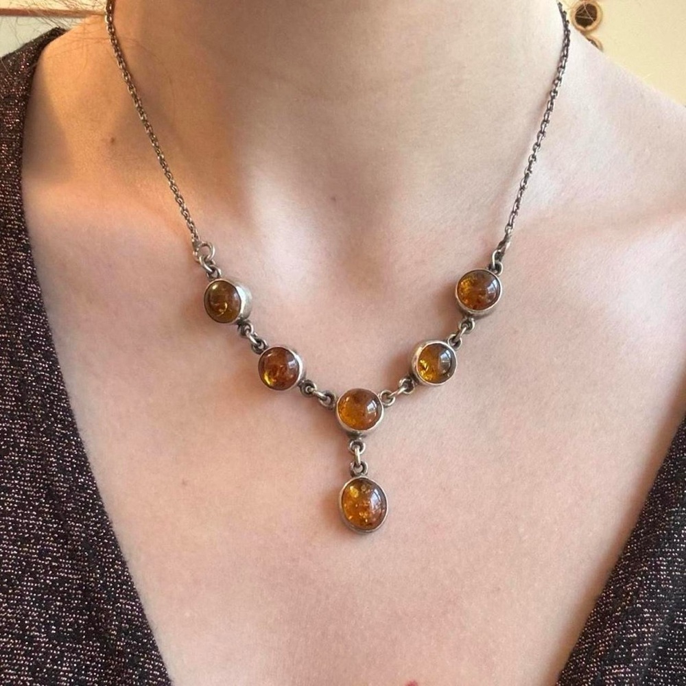 Vintage Sterling Silver and Amber Necklace